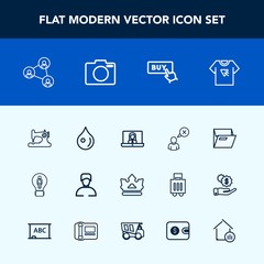 Modern, simple vector icon set with buy, white, office, drop, crown, idea, display, folder, print, internet, screen, royal, video, machine, communication, business, rain, sewing, sew, camera icons