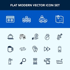 Modern, simple vector icon set with sound, sea, mug, temperature, door, location, stereo, communication, replace, cup, finance, pin, coffee, satellite, scale, water, space, road, key, travel icons