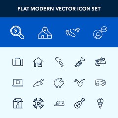 Modern, simple vector icon set with architecture, luggage, estate, internet, concept, business, profile, shovel, delivery, finance, transportation, bank, building, freelance, equipment, map, bag icons