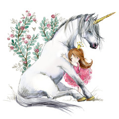 White unicorn and princess watercolor hand drawn illustration © Елена Фаенкова