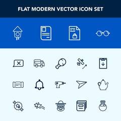 Modern, simple vector icon set with glasses, house, wooden, machine, coupon, chicken, airplane, web, alert, direction, alarm, meal, bus, supermarket, birdhouse, highway, flight, travel, fast icons