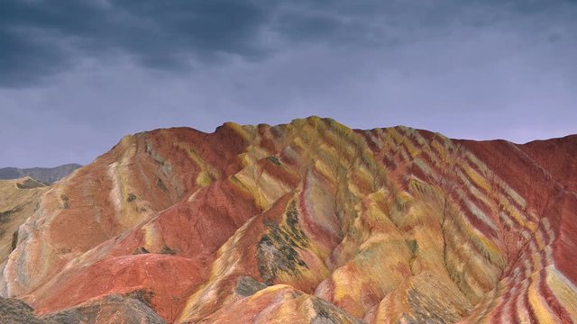 Timelapse Movie of Moving Cloud at  Zhangye Danxia National Geopark, Gansu, China. Colorful landscape of rainbow mountains