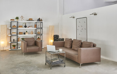 customer satisfaction office room interior furniture laptop and bookshelf