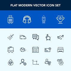 Modern, simple vector icon set with click, tower, hand, shipment, shipping, win, travel, touch, airport, finger, clock, music, vehicle, delivery, big, guitar, help, bag, button, technology, time icons