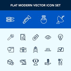 Modern, simple vector icon set with gun, spanner, tool, emergency, energy, care, body, healthcare, bullet, trumpet, nurse, box, light, communication, technology, cross, sound, bugle, medical icons