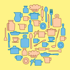 beige and blue kitchenware in round group - vector illustration on yellow background