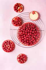 Variety of red raspberry shortbread tarts and tartlets with lemon custard and glazed fresh raspberries served on cooling rack over pink pastel background. Top view, space.