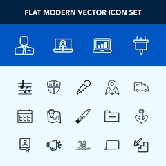 Modern, simple vector icon set with power, chart, technology, traffic, mic, road, van, electricity, vehicle, computer, job, protect, video, note, map, schedule, plug, shield, day, call, employee icons