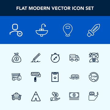 Modern, simple vector icon set with location, pencil, user, delete, financial, money, roll, call, vehicle, tipper, phone, compass, blade, finance, highway, bus, direction, sign, old, east, move icons
