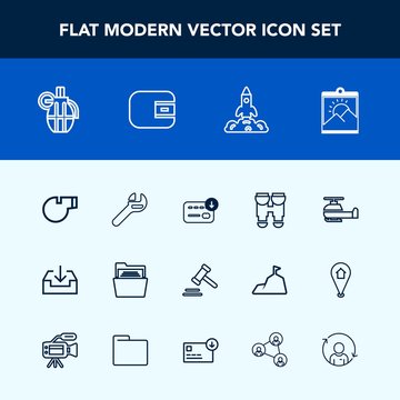 Modern, simple vector icon set with sport, sign, hand, folder, space, grenade, legal, air, bag, law, optical, view, equipment, repair, helicopter, picture, business, transportation, tool, money icons
