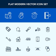 Modern, simple vector icon set with home, business, vehicle, removal, apartment, price, nuclear, road, hand, recycling, label, fishing, transport, transportation, map, estate, location, hook icons