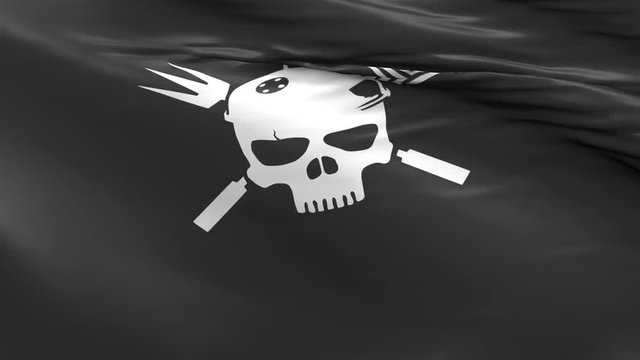 BBQ Pirate, waving flag with a skull icon and flatware, 3d animation