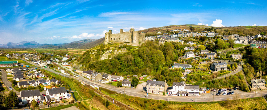 Aerial view of the skyline of Harlech with it's 12th century castle, Wales, United Kingdom