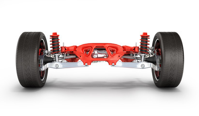 Suspension of the car with wheel and engine isolated on white background 3d