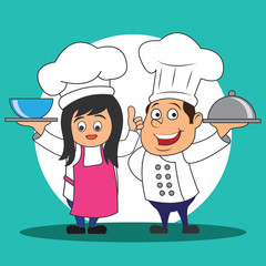 chef man woman with the toque holding a dish ready to serve. cartoon character. vector illustration