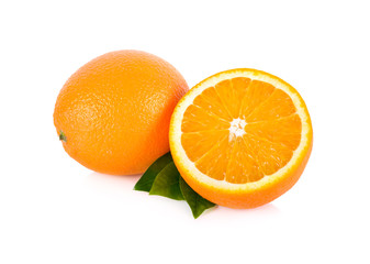 whole and half cut fresh Navel orange with leaf on white background