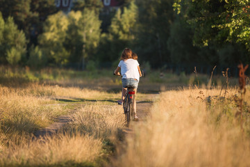Obraz premium Rear view image of young teenage girl riding bicycle on path at field