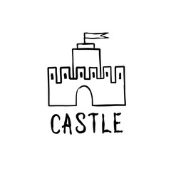 Castle icon. Hand drawn doodle castle building isolated with han