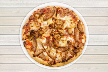Sausage Pizza box set isolated on wood background.Closed up.Clipping path