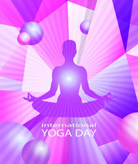 Human body in yoga lotus pose on colorful modern geometric abstract pattern or mosaic with flying balls and rays in trendy bright purple violet colors background. International Yoga Day poster