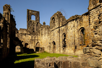 Ruin of medieval Kirkstall Abbey in Leeds.Great Britain.