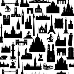 Travel world landmarks tile pattern. Travel sight icon set