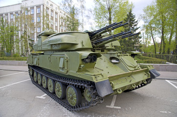 Russian military equipment close-up. In the city. Peaceful time. Anti-aircraft system
