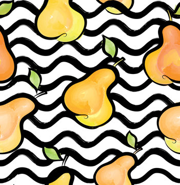 Wave seamless pattern with pear. Fruit background