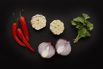 Initial ingredients, for tasty, spicy food with chilli, garlic, coriander and onion.