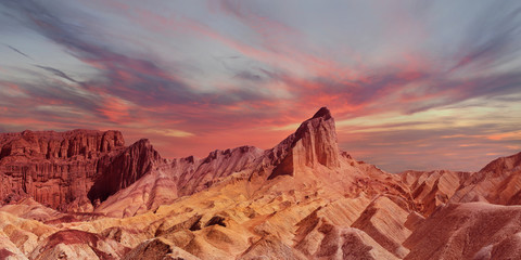 Panorama of the Backside of Zabriski Point Death Valley at Sunset - obrazy, fototapety, plakaty