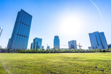 Obraz premium green lawn with modern office building