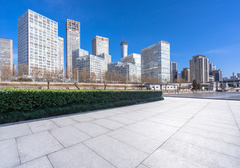 panoramic city skyline with empty floor