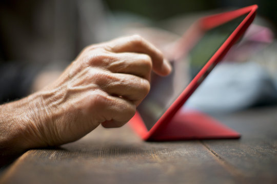 Hands of a mature woman using a digital tablet.