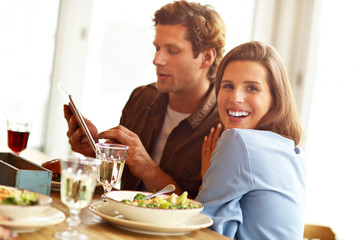 Cute couple on a date in restaurant