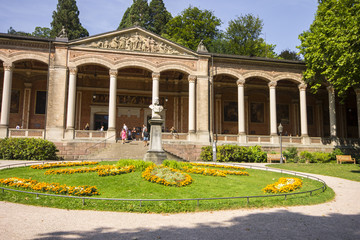 Baden-Baden, Germany. The Trinkhalle (Pump House), a building in the Kurhaus spa complex, with a 90-metre arcade colonnade lined with frescos and benches