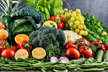 Composition with variety of raw organic vegetables and fruits