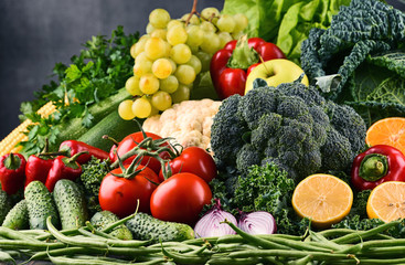 Composition with variety of raw organic vegetables and fruits