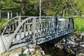 Fototapeta na wymiar bridge in a park on the shore of a lake in Karelia