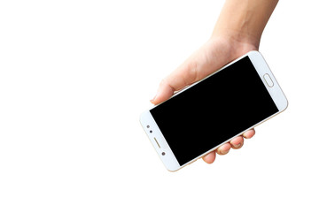 woman hand holding blank and touch screen smart phone isolated on white background.