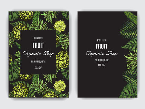 Card for eco store with a vector illustration of pineapples and palm leaves.