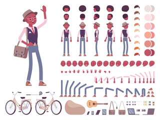 Black intelligent smart casual man with bag character creation set