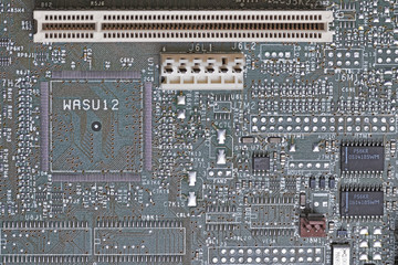 Close-up of a computer motherboard with electronical components