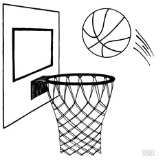 Fototapeta premium Action vector illustration of basketball going into a hoop. Backboard, hoop, ring, net, kit. Hand drawn sketch. Black on white background