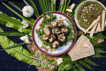 Roasted eggplant rolls with walnuts, garlic, coriander, oil, onion. Traditional Georgian food cold snack. Rolls for dinner or lunch. Raw vegan vegetarian healthy food