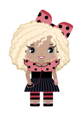 little girl with a player (phone) in headphones, in a fashionable summer outfit, with a coral bow,gray eyes and curly blonde hair