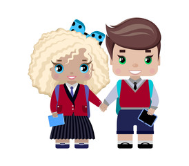 girl and boy students in school uniform, with backpacks, a book, an electronic textbook, a tablet. Smile and hold hands. First-graders