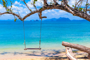 wooden swing on the tropical beach with clear water and blue sky paradise for vacation
