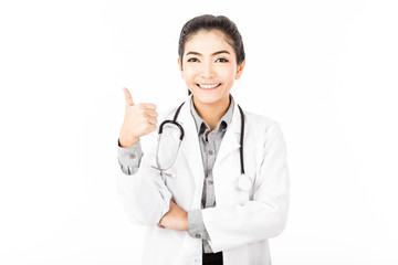 Fototapeta premium Beautiful Attractive Asian doctor woman in gown with stethoscope smile and showing thumbs up for good hand sign so happy and confident,Isolate on white background,Healthcare and Medical Concept