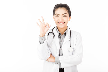 Beautiful Attractive Asian doctor woman smile and showing okay hand sign feeling so happiness and confident,Isolated on white background,Healthcare Concept