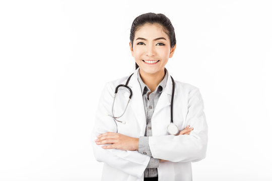 Beautiful Attractive Asian doctor woman in gown with stethoscope smile and cross arm feeling so happiness and confident,Isolated on white background,Healthcare and Medical Concept